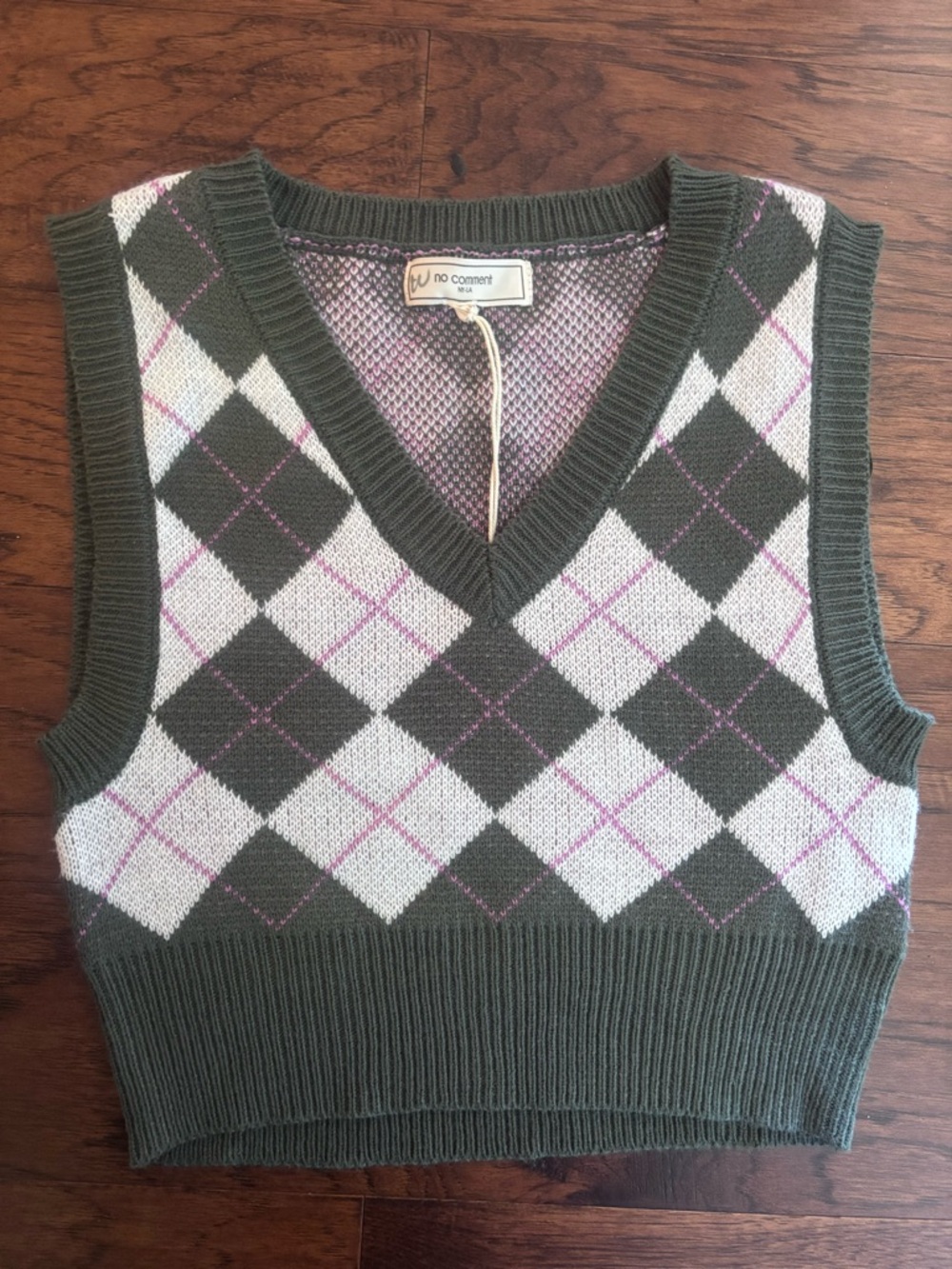 10 Corso Como Olive Argyle V-Neck Sweater Vest with Pink Detail